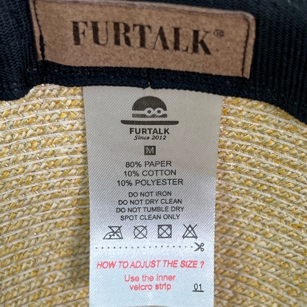 Furtalk Wide Ribbon Straw Beach Sun Hat tan khaki beige with black size medium - Picture 10 of 11